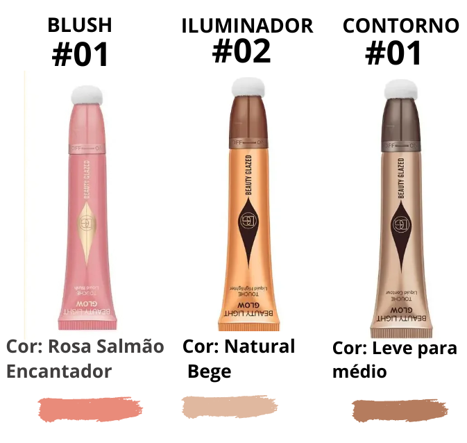 Kit Blush líquido, Contorno e Iluminador - Beauty Glazed