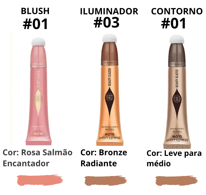 Kit Blush líquido, Contorno e Iluminador - Beauty Glazed