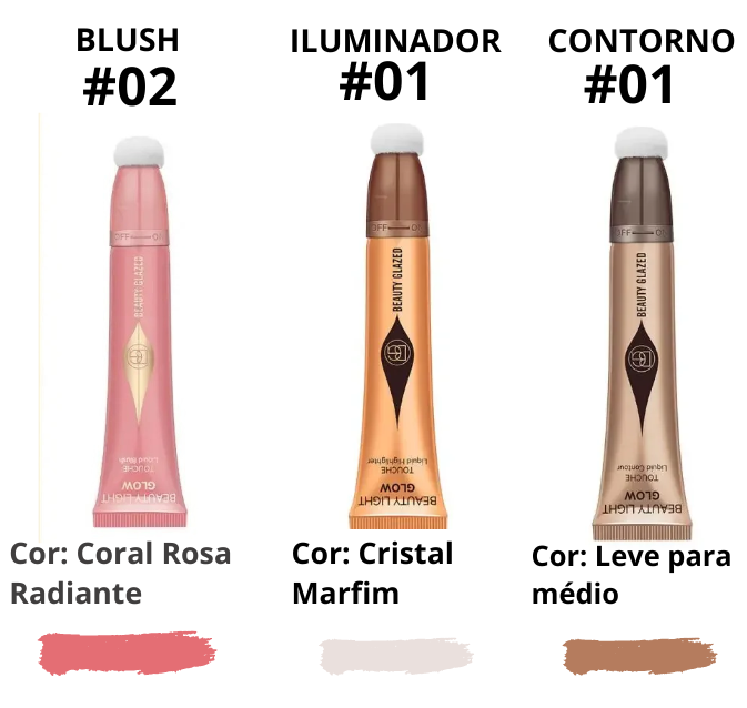 Kit Blush líquido, Contorno e Iluminador - Beauty Glazed