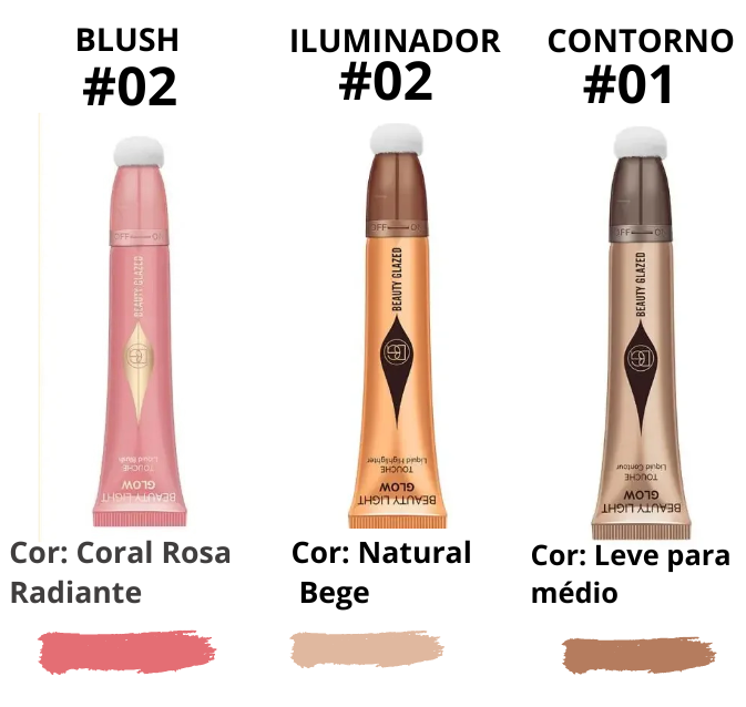 Kit Blush líquido, Contorno e Iluminador - Beauty Glazed