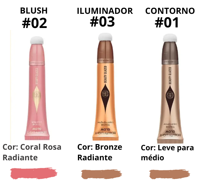Kit Blush líquido, Contorno e Iluminador - Beauty Glazed