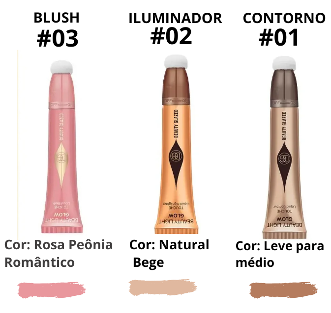 Kit Blush líquido, Contorno e Iluminador - Beauty Glazed