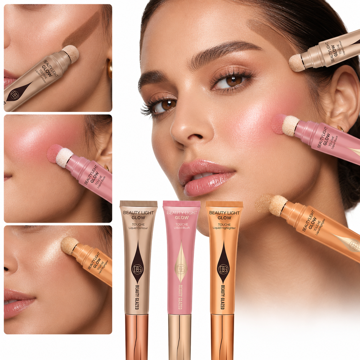 Kit Blush líquido, Contorno e Iluminador - Beauty Glazed