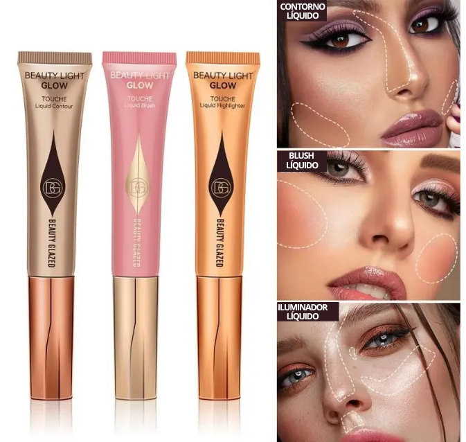 Kit Blush líquido, Contorno e Iluminador - Beauty Glazed