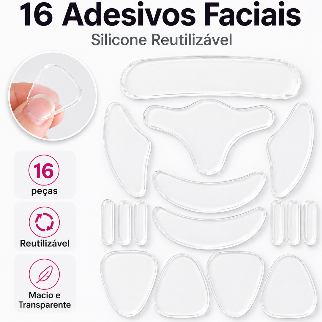 16 Adesivos de Silicone Reutilizaveis Anti-Rugas e Linhas de Expressão para rosto