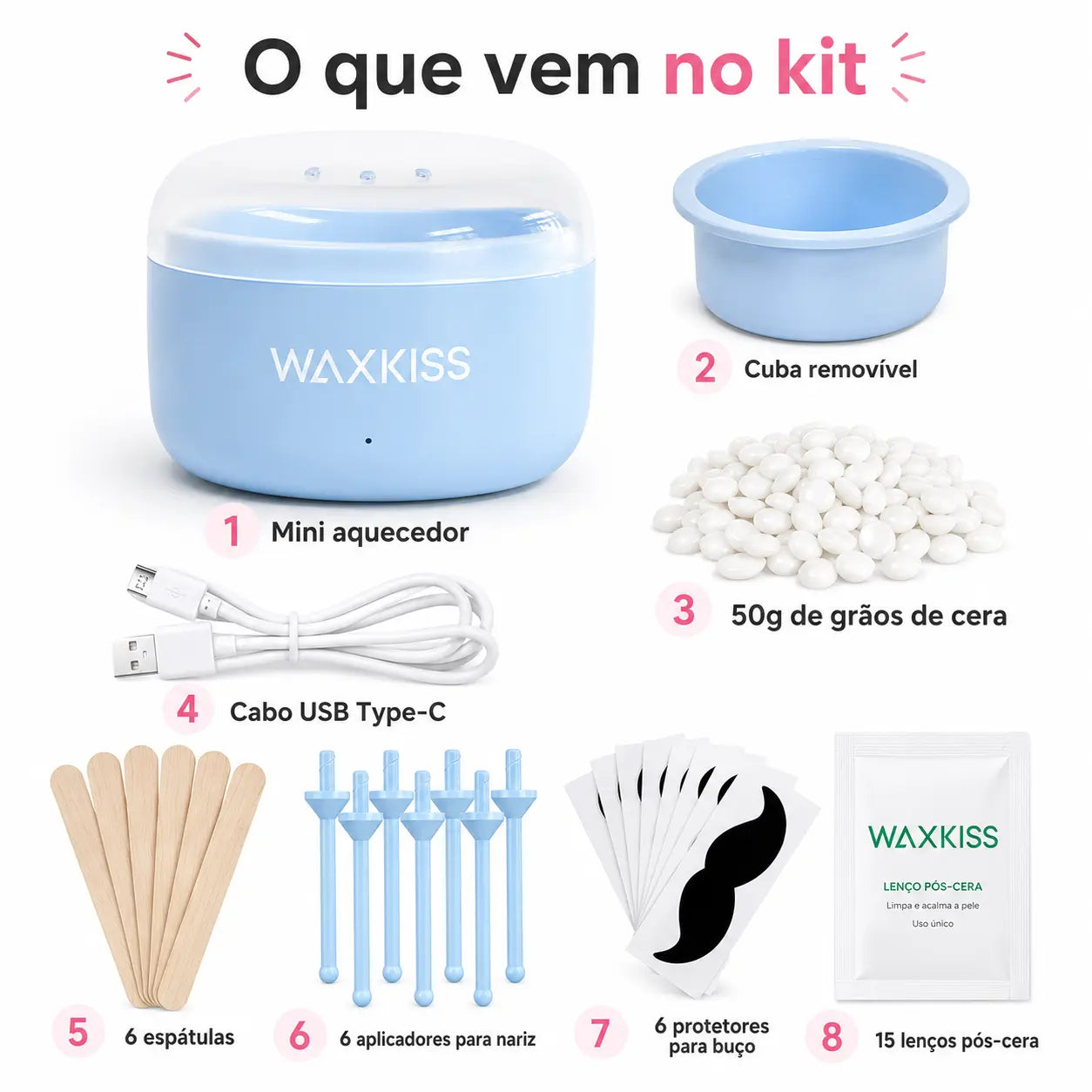 Wax Kiss – Kit com Mini Aquecedor de Cera para Depilação Facial