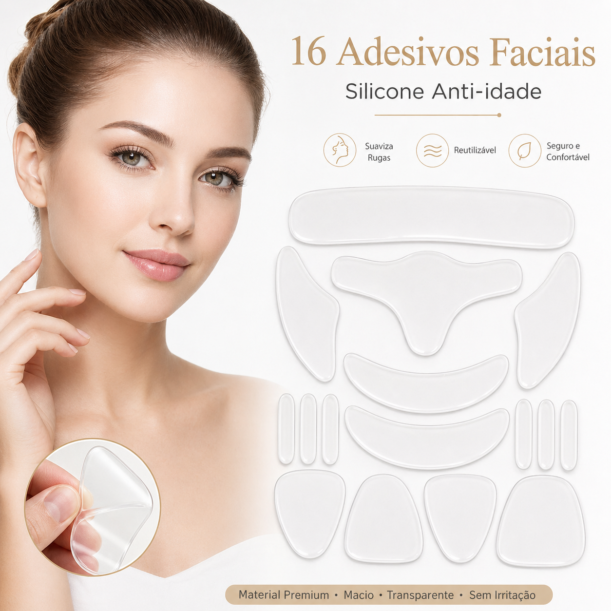 16 Adesivos de Silicone Reutilizaveis Anti-Rugas e Linhas de Expressão para rosto